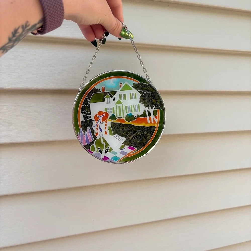 Vintage Stained Glass Suncatcher Farmhouse Girl in Red Hat Window Hanging 5.5